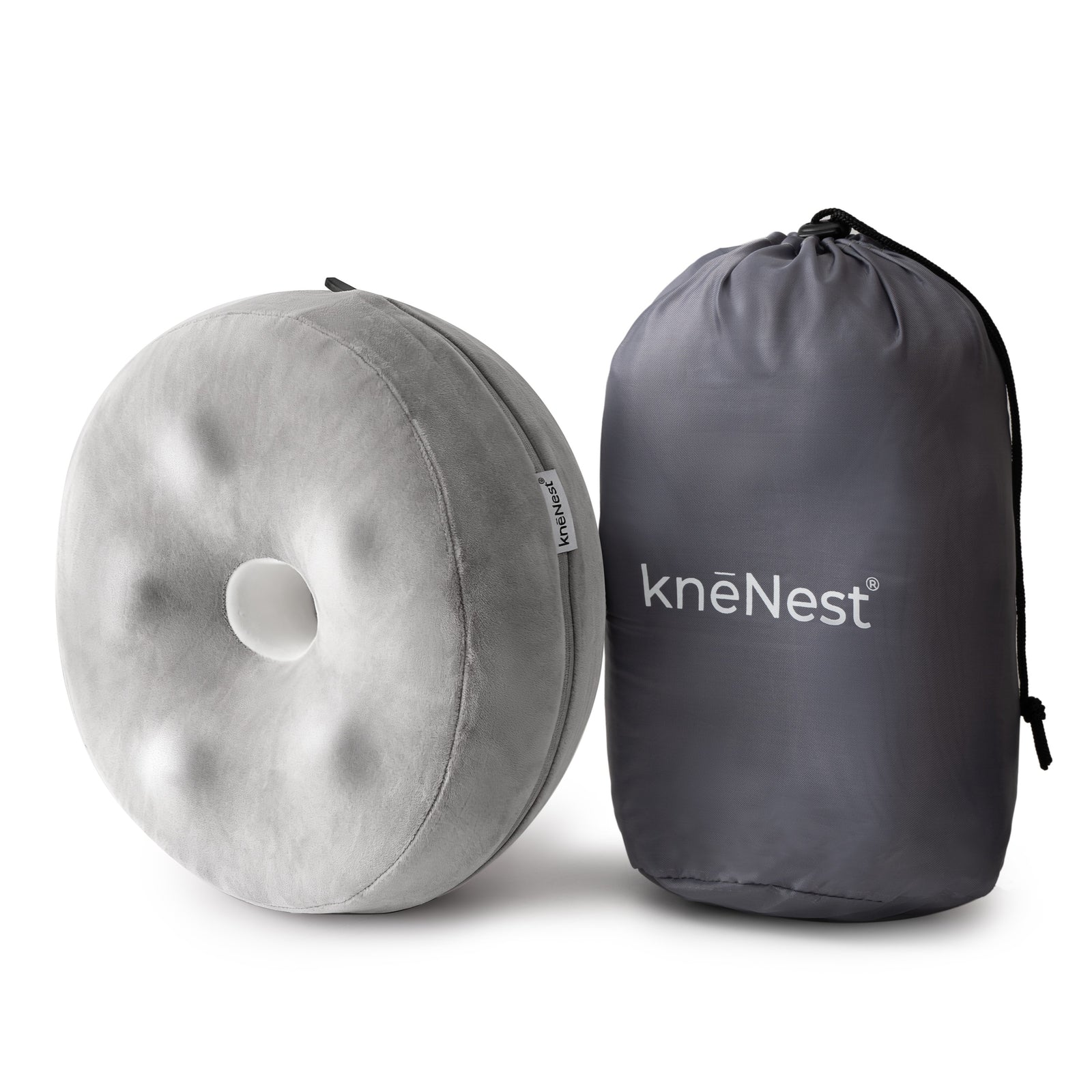 Actual knēNest knee pillow with its cover and travel pouch