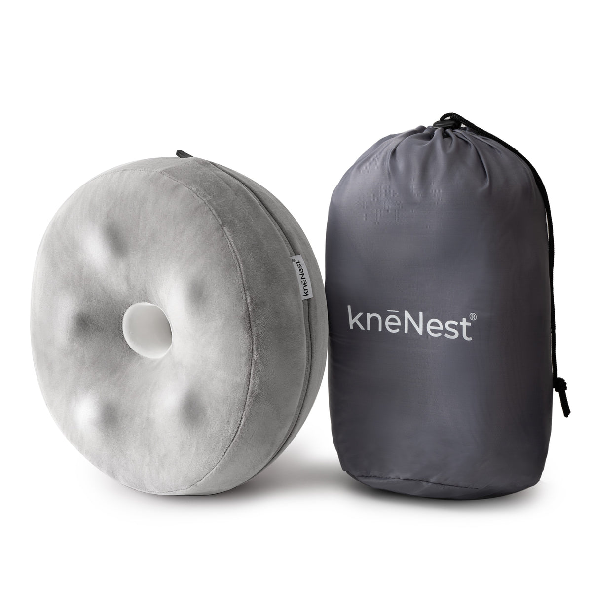 Actual knēNest knee pillow with its cover and travel pouch